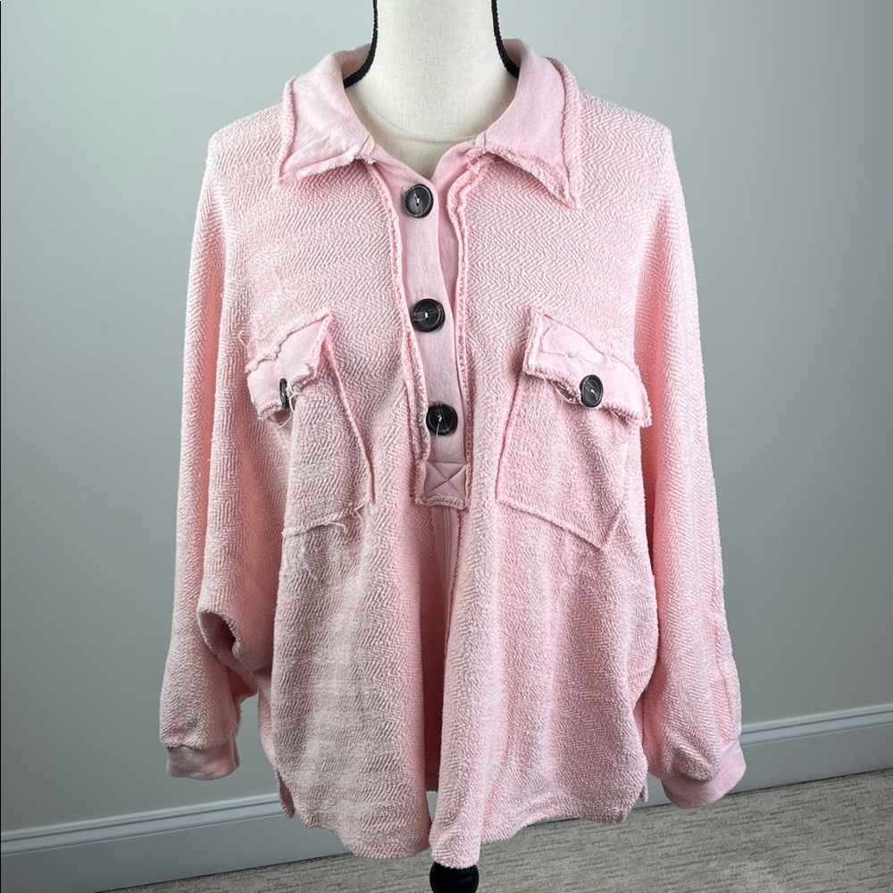 BUCKETLIST Women’s Pink Oversized French Terry Shacket Pullover Button Front